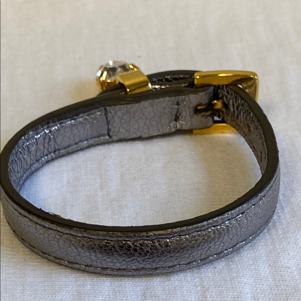 Miu Miu Silver Metallic Leather Bracelet with Goldtone Metal & Rhinestone (7.5") - Picture 5 of 6